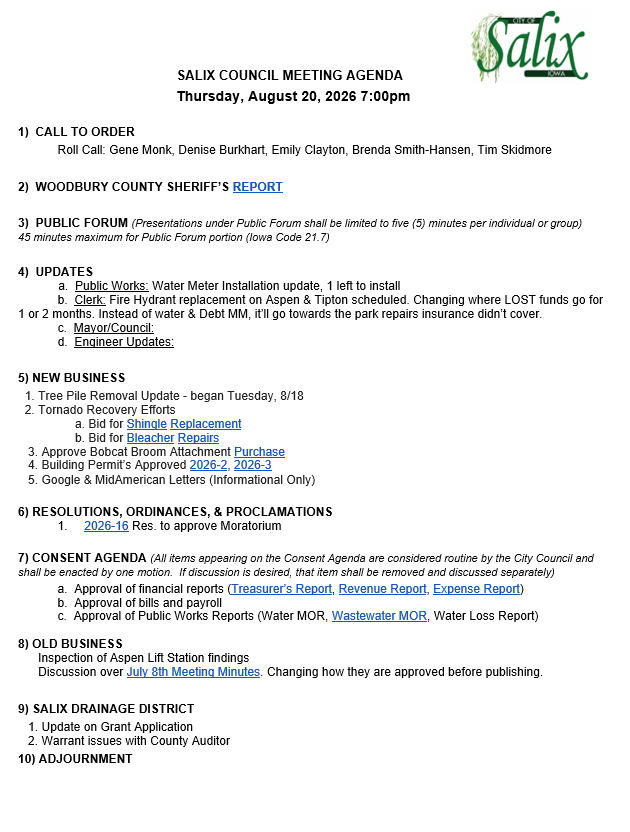 August 20th Meeting Agenda